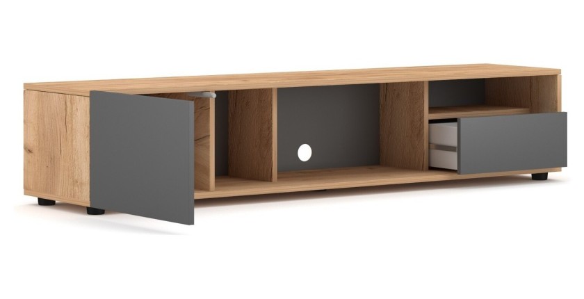 Meuble TV BRACA 160cm, 1 porte et 1 tiroir, coloris chêne clair et gris