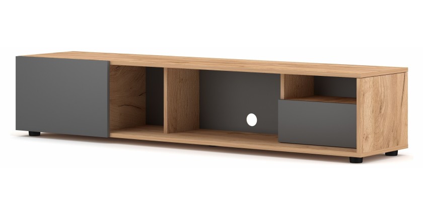 Meuble TV BRACA 160cm, 1 porte et 1 tiroir, coloris chêne clair et gris