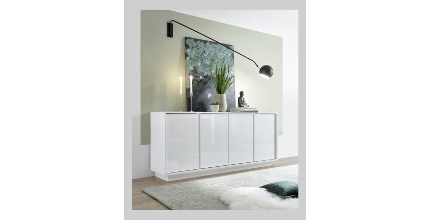 Buffet 4 portes, collection CREAM, coloris blanc laqué brillant, idéal pour un salon ou une salle à manger design