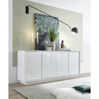 Buffet 4 portes, collection CREAM, coloris blanc laqué brillant, idéal pour un salon ou une salle à manger design