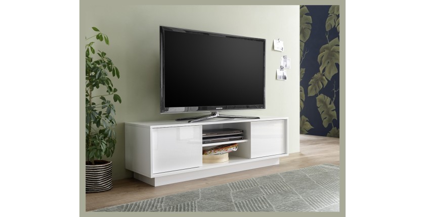 Meuble TV 2 portes, collection CREAM, coloris blanc laqué brillant, idéal pour votre salon tendance et moderne