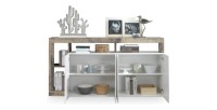 Buffet 4 portes collection BURA, coloris blanc laqué brillant et chêne clair, idéal pour un salon moderne et tendance.