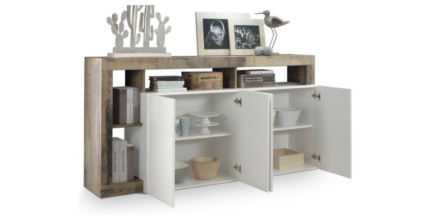 Buffet 4 portes collection BURA, coloris blanc laqué brillant et chêne clair, idéal pour un salon moderne et tendance.