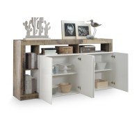 Buffet 4 portes collection BURA, coloris blanc laqué brillant et chêne clair, idéal pour un salon moderne et tendance.