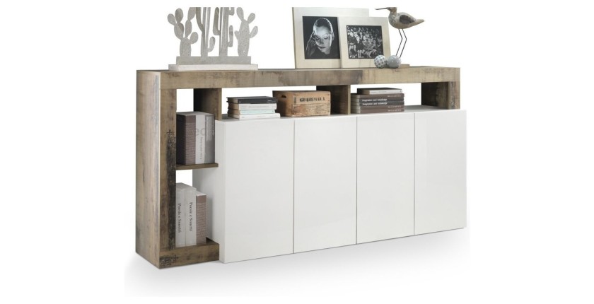 Buffet 4 portes collection BURA, coloris blanc laqué brillant et chêne clair, idéal pour un salon moderne et tendance.