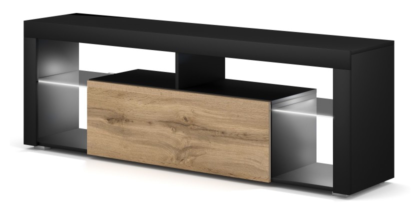 Meuble TV MONTBLANC 140cm, 1 porte abattante et 5 niches, coloris noir et porte couleur chêne