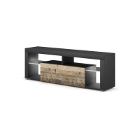 Meuble TV MONTBLANC 140cm, 1 porte abattante et 5 niches, coloris gris anthracite et porte couleur chêne