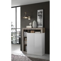 Buffet haut 2 portes, collection BURA, coloris blanc brillant laqué et chêne clair