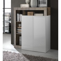 Buffet haut 2 portes, collection BURA, coloris blanc brillant laqué et chêne clair