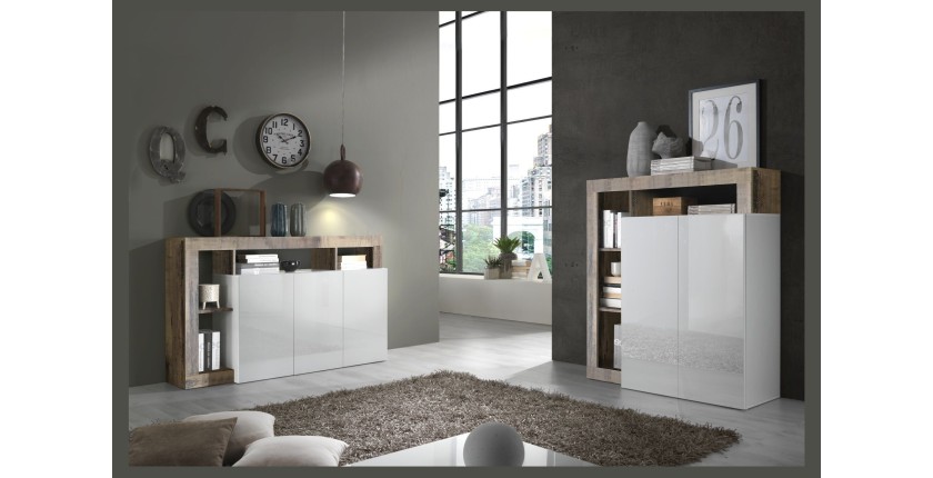 Buffet haut 2 portes, collection BURA, coloris blanc brillant laqué et chêne clair