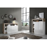 Buffet haut 2 portes, collection BURA, coloris blanc brillant laqué et chêne clair