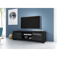 Meuble TV design MANHATTAN 140 cm à 2 portes et 1 niche coloris noir brillant