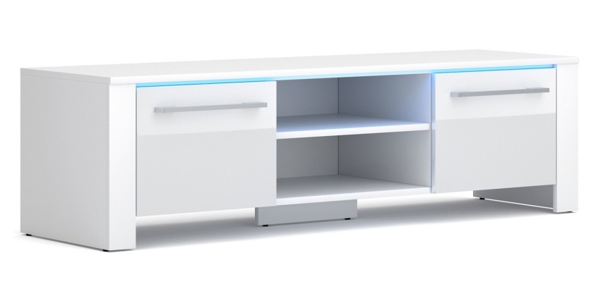 Meuble TV design MANHATTAN 140 cm à 2 portes et 1 niche coloris blanc brillant