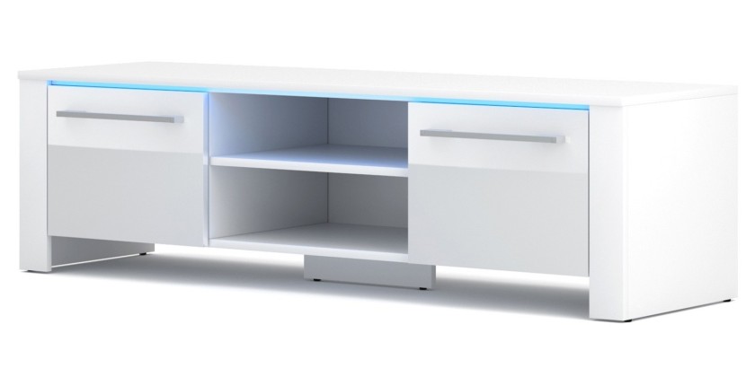 Meuble TV design MANHATTAN 140 cm à 2 portes et 1 niche coloris blanc brillant