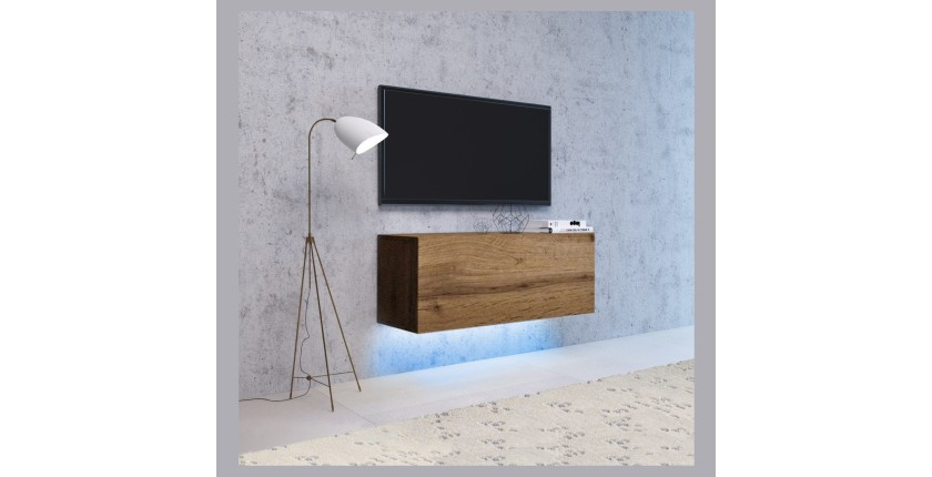 Meuble TV design suspendu NEVER 100 cm. 1 porte. Coloris noir et chêne clair