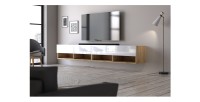 Meuble TV suspendu design CLUJ, 200 cm, couleur chêne clair et blanc brillant