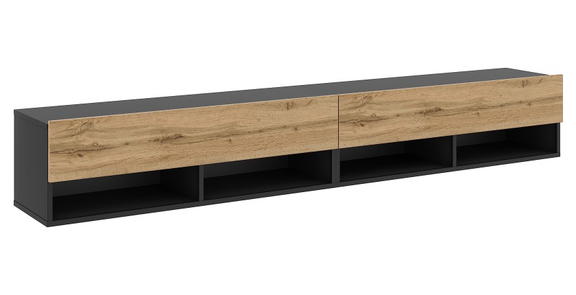 Meuble TV suspendu design CLUJ, 200 cm, 2 portes et 4 niches, coloris noir et porte chêne clair