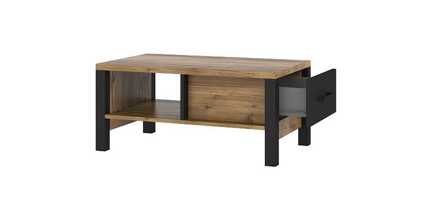 Table basse design collection DARWIN avec un tiroir et une niche. Couleur épicéa et noir.