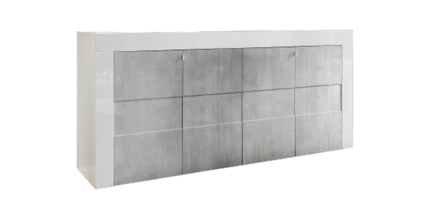 Buffet 4 portes 181cm, collection JET, coloris blanc laqué brillant et gris aspect béton