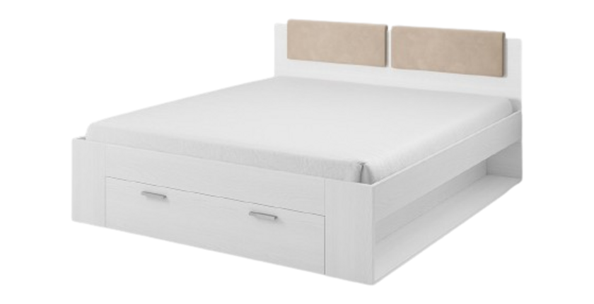 Chambre à coucher FLOYD : Armoire 200cm, Lit 180x200, commode, chevets. Coloris blanc effet bois.