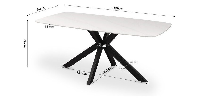 Table à manger VINCI longueur 180cm avec plateau de 12mm en pierre effet marbre blanc