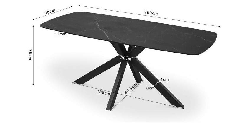 Table à manger VINCI longueur 180cm avec plateau de 10mm en pierre effet marbre noir