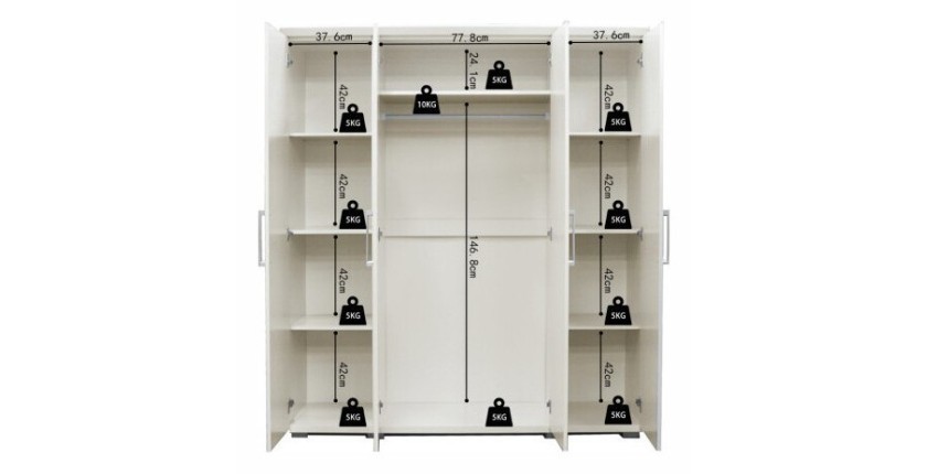 Armoire, garde-robe, collection TOM, 4 portes 160 cm, penderie intégrée coloris blanc