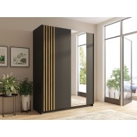 Armoire design 150cm coloris noir et chêne collection VARIA. Deux portes coulissantes. Dressing complet avec miroir.