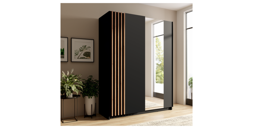 Armoire design 150cm coloris noir et chêne collection VARIA. Deux portes coulissantes. Dressing complet avec miroir.