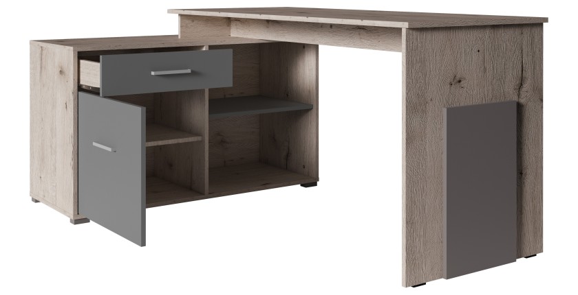 Bureau d'angle coloris chêne Wellington et gris graphite collection COMO avec 1 tiroir et 4 niches