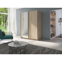 Armoire, garde robe GOZU 150 cm deux portes coulissantes et 1 miroir. Dressing complet avec penderie et étagères. Coloris chêne