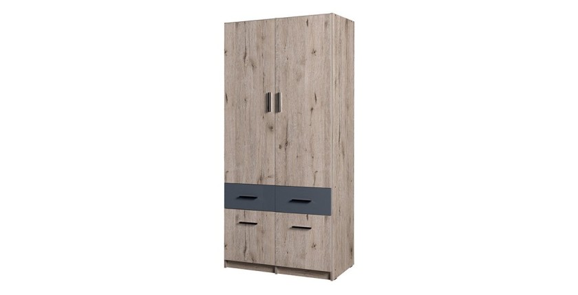 Armoire deux portes et quatre tiroirs collection FLEX, coloris chêne wellington et gris graphite