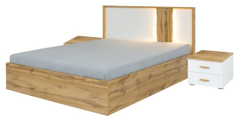 Pack lit 160x200 avec LED + 2 chevets WOOD coloris blanc et chêne