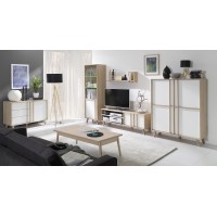 Meuble TV MALMO 150 cm coloris chêne clair et blanc