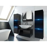 Meuble sous vasque suspendu collection OWL, coloris noir mat et brillant + plaque en verre noir, idéal pour une salle de bain