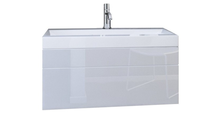 Meuble sous vasque suspendu collection RAVEN, coloris blanc mat et brillant, avec vasque et siphon inclus