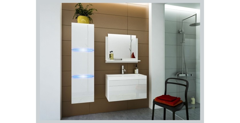 Meuble sous vasque suspendu collection RAVEN, coloris blanc mat et brillant, avec vasque et siphon inclus