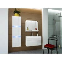 Meuble sous vasque suspendu collection RAVEN, coloris blanc mat et brillant, avec vasque et siphon inclus