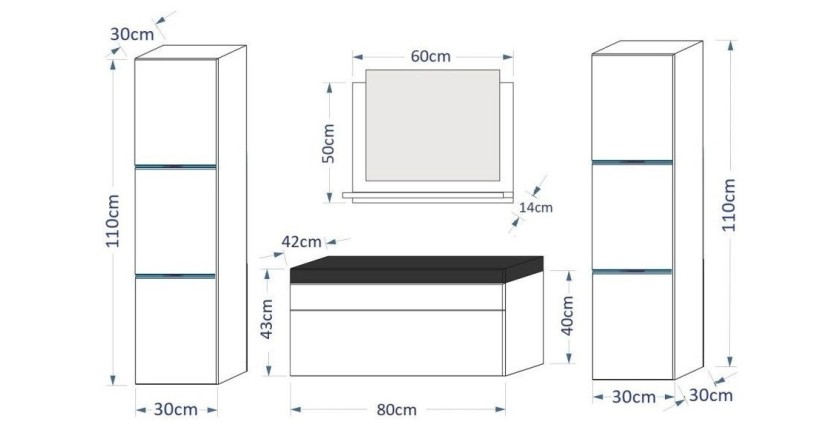 Ensemble meubles de salle de bain collection RAVEN, coloris noir mat et brillant, avec vasque 80cm et deux colonnes