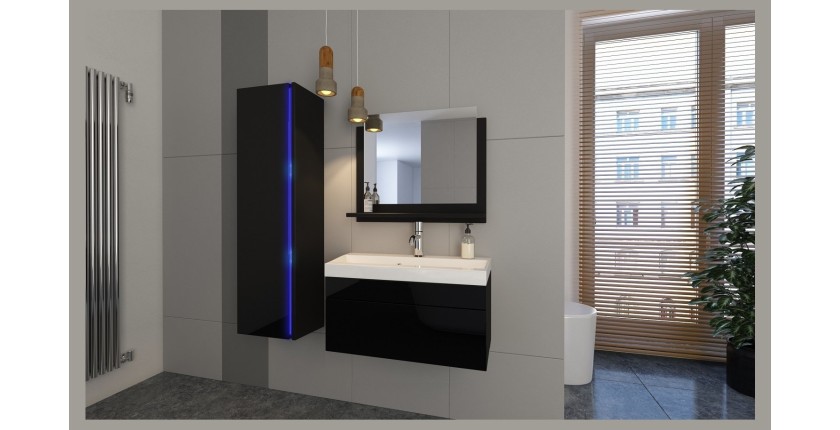 Ensemble meubles de salle de bain collection BIRD, coloris noir mat et brillant avec une colonne et vasque 80cm