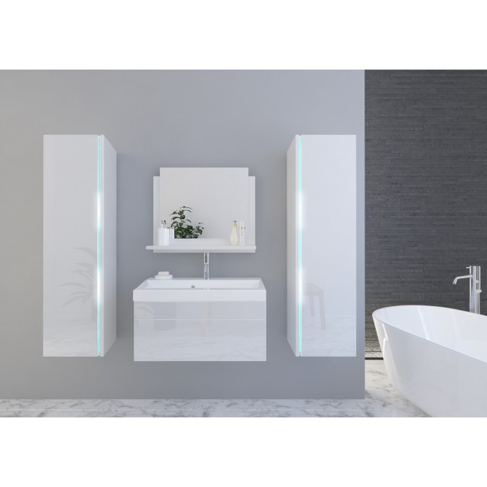 Ensemble meubles de salle de bain collection BIRD, coloris blanc mat et brillant avec deux colonnes et vasque 80cm