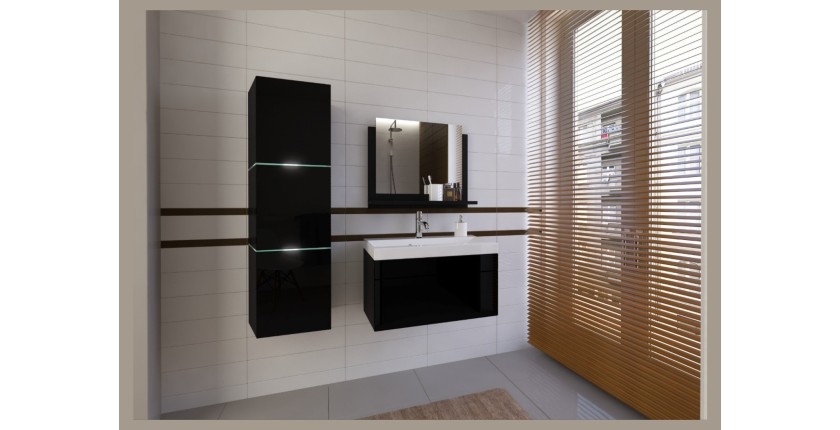 Ensemble meubles de salle de bain collection OWL, coloris noir mat et brillant avec une colonne et vasque 60cm