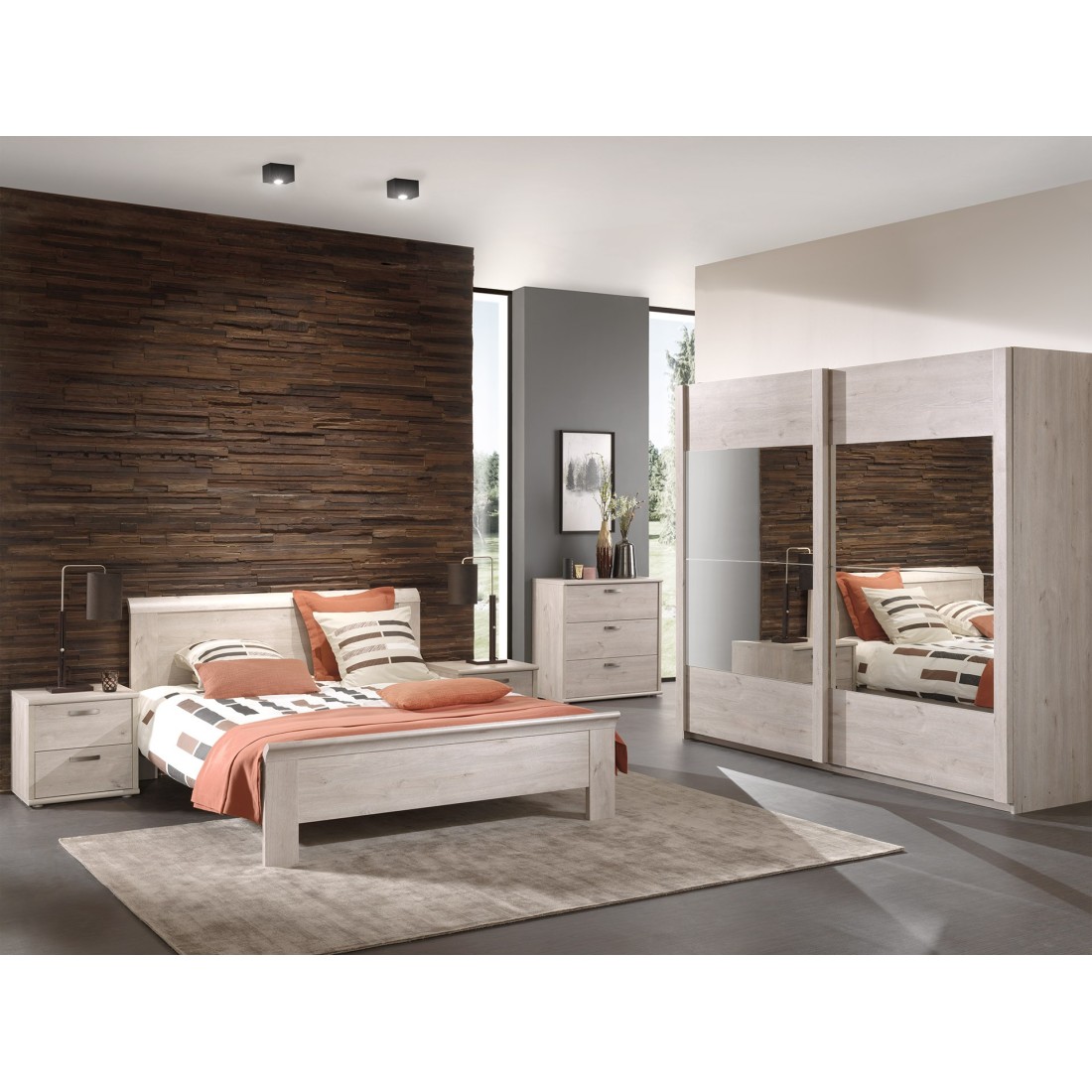 Chambre adulte collection DANY : armoire 250 cm, lit 180x200, commode, chevets, chêne clair