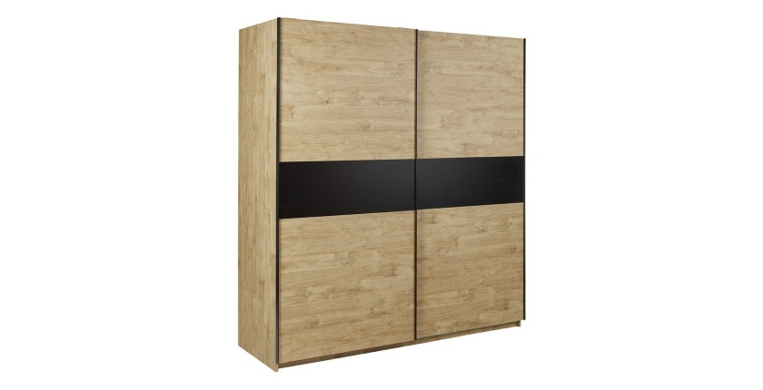 Chambre à coucher collection MORGANE : Armoire 200cm, Lit avec applique 180x200, commode, chevets. Couleur chêne doré et noir.