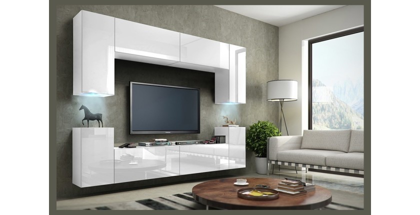 Ensemble de meubles de salon blanc suspendus collection CEPTO 256cm, 8 portes, 6 étagères, leds.