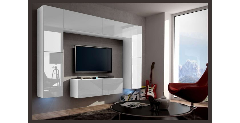 Ensemble de meubles de salon blanc suspendus collection CEPTO 256cm, 8 portes, 8 étagères, leds, modulables.