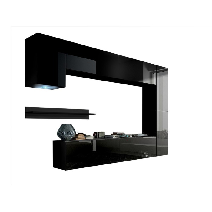 Ensemble de meubles de salon noir suspendus collection CEPTO 256cm, 7 portes, 6 étagères dont une murale, leds, modulables.