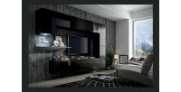 Ensemble de meubles de salon noir suspendus collection CEPTO 256cm, 7 portes, étagère murale blanche, leds, modulables.