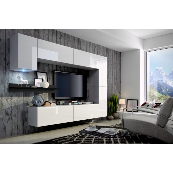 Ensemble de meubles de salon blanc suspendus collection CEPTO 256cm, 7 portes, étagère murale noire, leds, modulables.