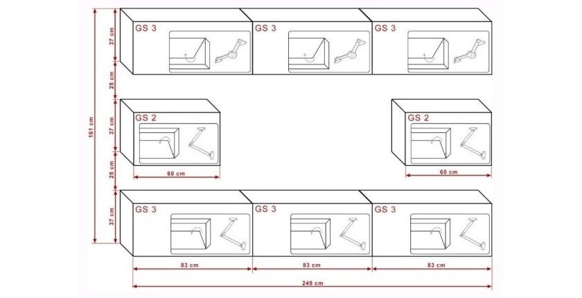 Ensemble de meubles de salon blanc suspendus collection CEPTO 256cm, 8 portes, modulables.